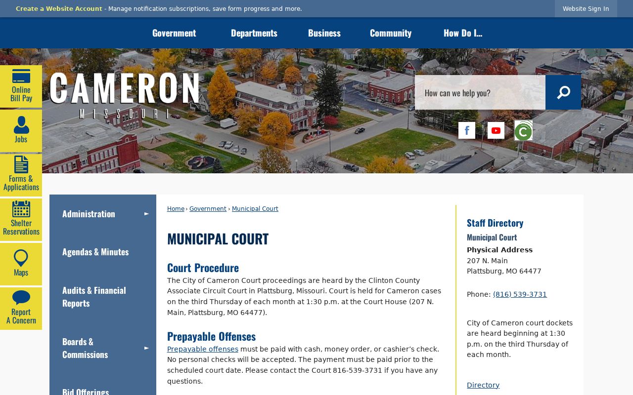 Clinton County traffic court records Cameron Municipal Court route